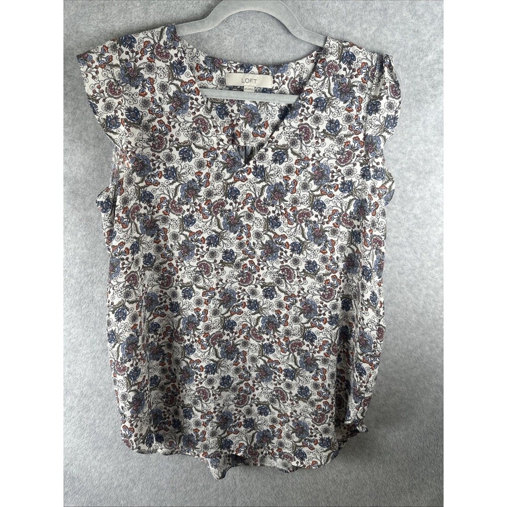 Ann Taylor Loft Medium V Neck Blouse, Ruffle Cap Sleeve, Floral Print Women EUC